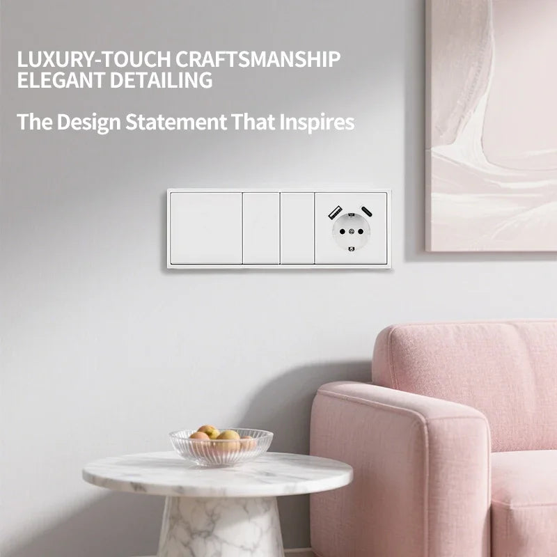 European Wall Socket EU Outlet, USB Type-C Charging Ports, 1/2 Gang Light Switch, 16A 250V, Flush Mount, White Panel, 80×80mm