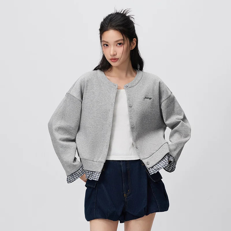 Semir Women Jacket Short Plaid Patchwork Faux Two Piece Loose Dropped Shoulder Embroidery Casual Outerwear 2026