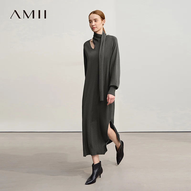 Amii Dress For Woman 2025 Winter New Solid Color Loose Elastic Wool Long Dresses Elegant Hollowed-out Female Clothing 12554076