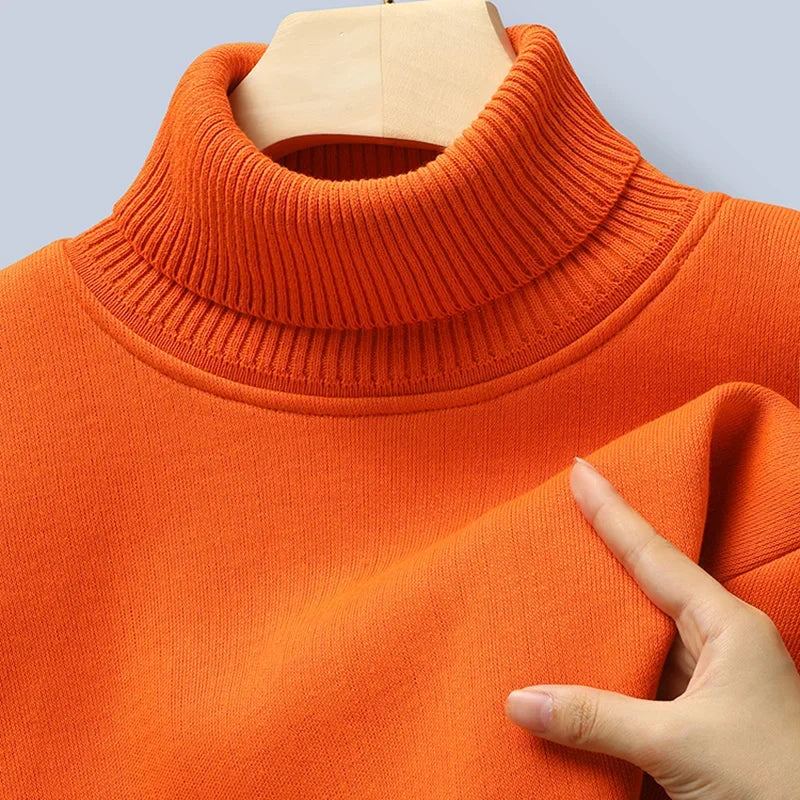 Stretch Knitted Turtleneck Top For Males Full Fleece Lining Thermal Warm Pullover Long Sleeve Casual Street Outfit