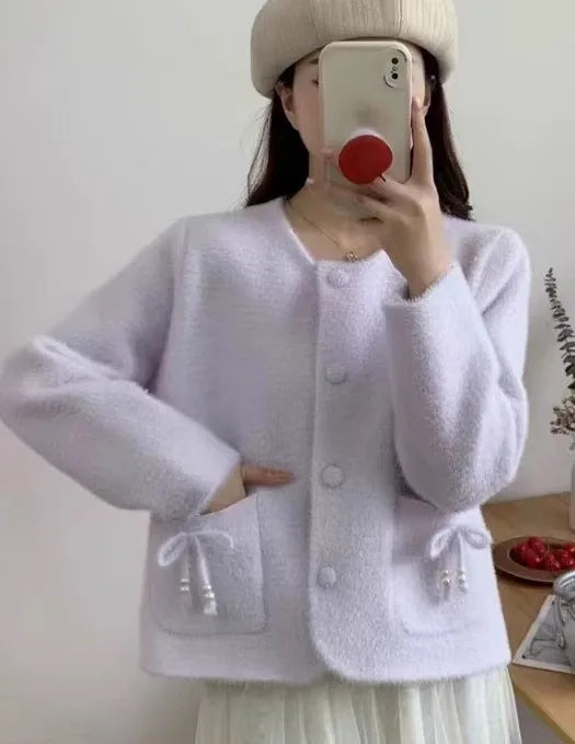 Sweet Bow Pocket Coat Women's Autumn and Winter New Imitation Mink Velvet Knitted Cardigan Jacket Short Sweater Top Cropped