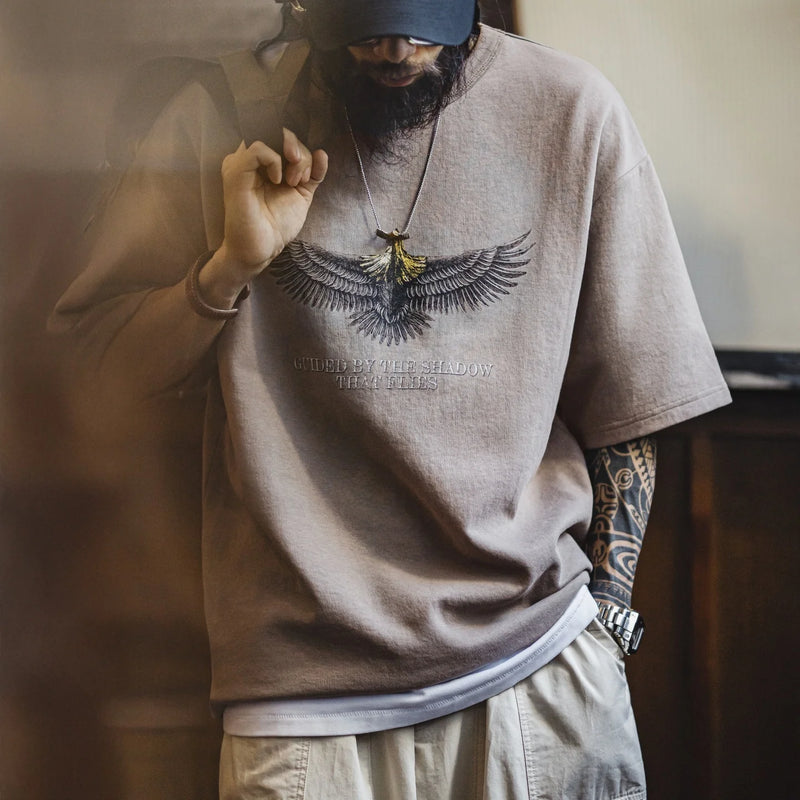 អាវយឺតបុរស Maden Amekaji Vintage Eagle Graphic Printed T-Shirt កមូល រលុង ធម្មតា រដូវក្តៅ ទាន់សម័យ យុវវ័យ ម៉ូដ ពាក់ប្រចាំថ្ងៃ