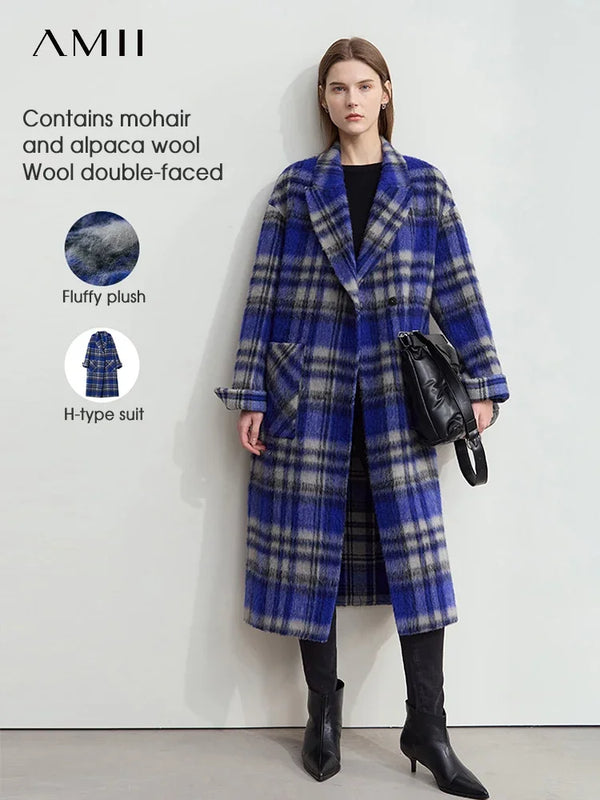AMII Minimalism Women's Coat 2026 Winter New Contrast Color Lapel Collar Woolen Coat Woman Long Sleeve Plaid Outerwear 12454016