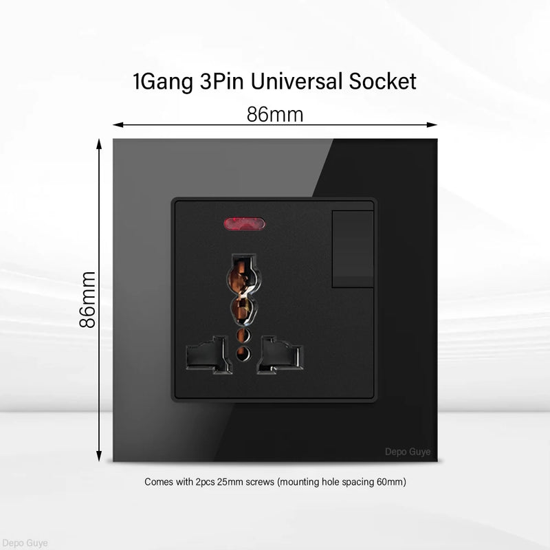 UK Black USB Type-C 18W Fast Charging Socket Universal Tempered Glass  Double 5-pin Power Plug,Home Electrical Wall Light Switch
