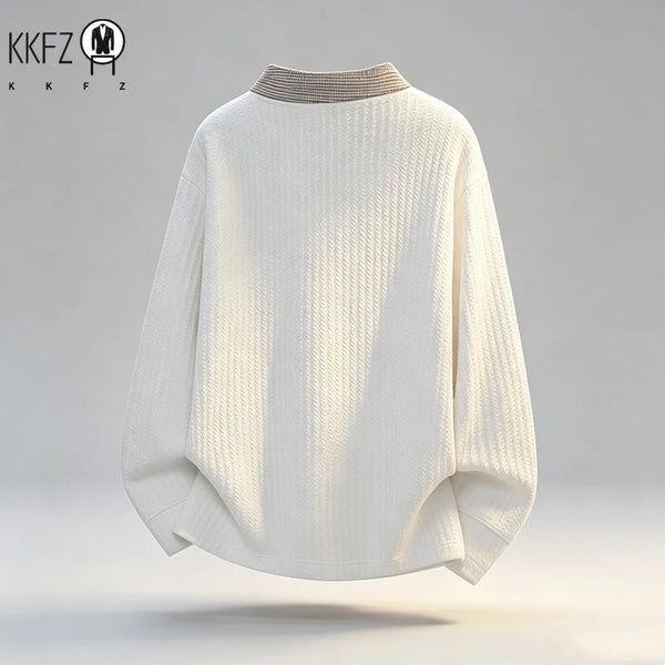 Male Rib Knit V Neck Polo Shirt Long Sleeve Contrast Plaid Collar Relax Fit Lightweight Streetwear Top