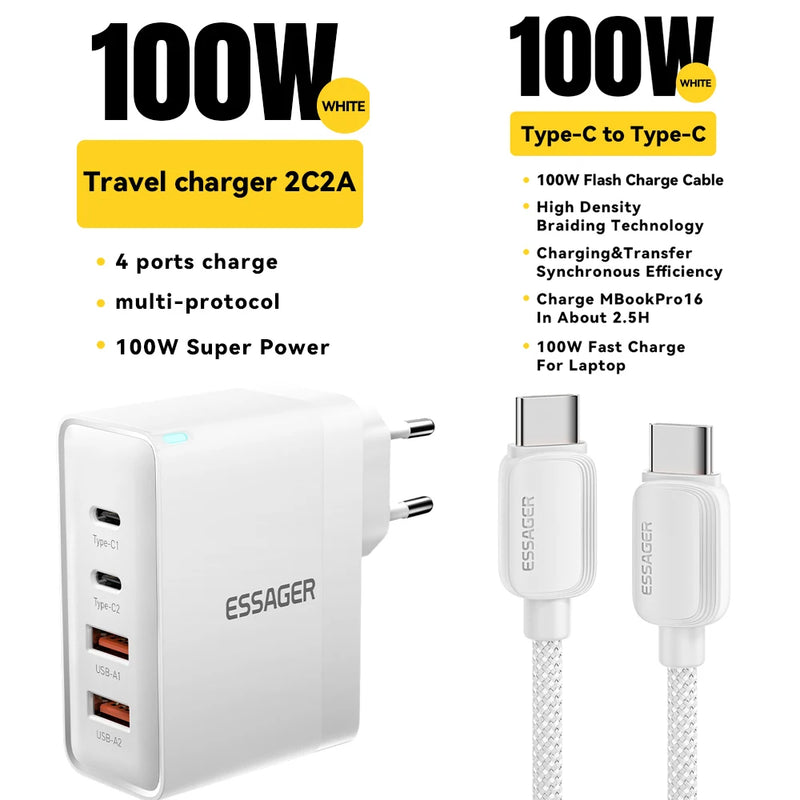 ឆ្នាំងសាក Essager 100W USB Type C ឆ្នាំងសាក 65W PD Quick Charge 4.0 3.0 Type-C សាកលឿនសម្រាប់ iPhone 16 15 14 13 Pro Xiaomi Macbook Laptop