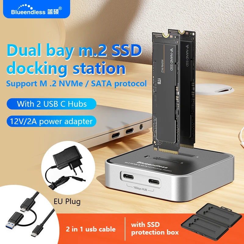 ស្ថានីយ៍ចត SSD ពិធីការ M.2 NVMe / SATA របស់ Blueendless Duay-Bay ជាមួយឧបករណ៍អាន SSD Hub ប្រភេទ C USB3.1 10Gbps ប្រអប់ SSD ខាងក្រៅ