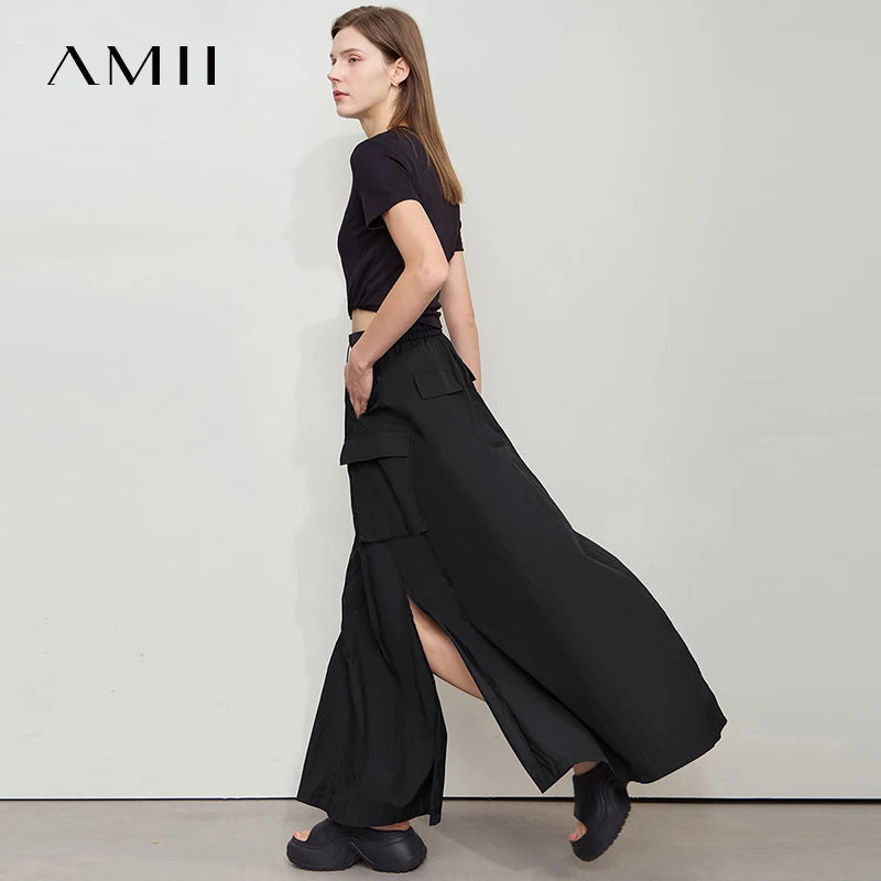 AMII Vacation Long Skirt 2026 Summer Women Loose Sun Protection Office Lady Solid Pockets Elastic Waist Cord Slit Skirt 12542106