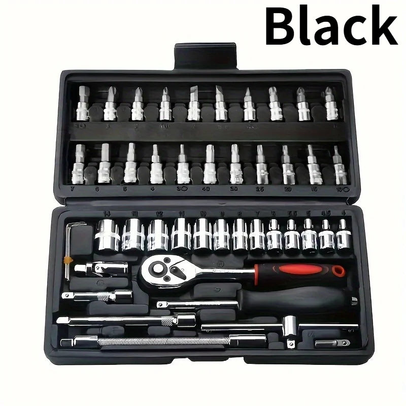 46pcs Toolbox for Car Repair Tool Kit - Including Metric Ratchet, Socket, Wrench Kit For Automotive And Mechanical Repairs.