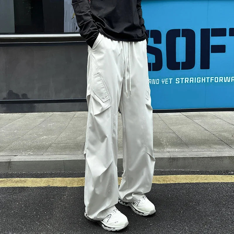 Men Baggy Wide Leg Cargo Pants Elastic Drawstring Waist Pleated Side Pockets For Street Fashion Daily Casual Commute Wear