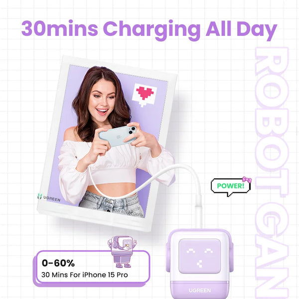 ឆ្នាំងសាក UGREEN 65W GaN ឆ្នាំងសាក Uno Robot Design សាកថ្មលឿន 4.0 3.0 PPS សម្រាប់ iPhone 18 17 Pro Macbook Air Laptop Tablet PD ឆ្នាំងសាកលឿន