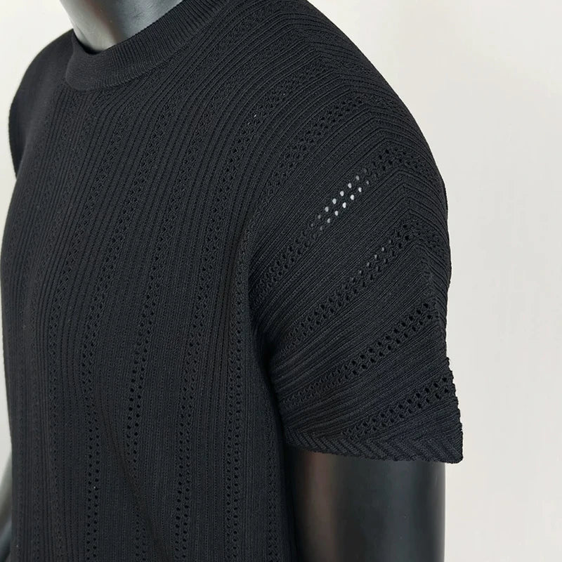 Old Money Style Men's T-Shirt, See-Through Raglan Sleeves & Round Neck, Ice Silk Knit for Cool Feeling