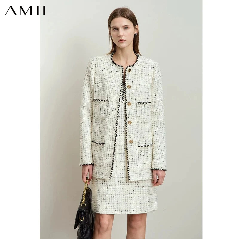AMII Women's 2026 Winter Woolen Coat Elegant O-Neck Plaid Medium Long Clothing Loose Long Sleeves Warm Ladies Outerwear 12443074