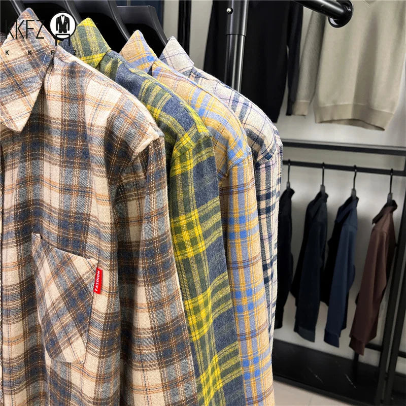 Fashion Check Pattern Men Long Sleeve Shirt Classic Lapel Design Versatile Matching Layer Outfit Street Casual Shirt