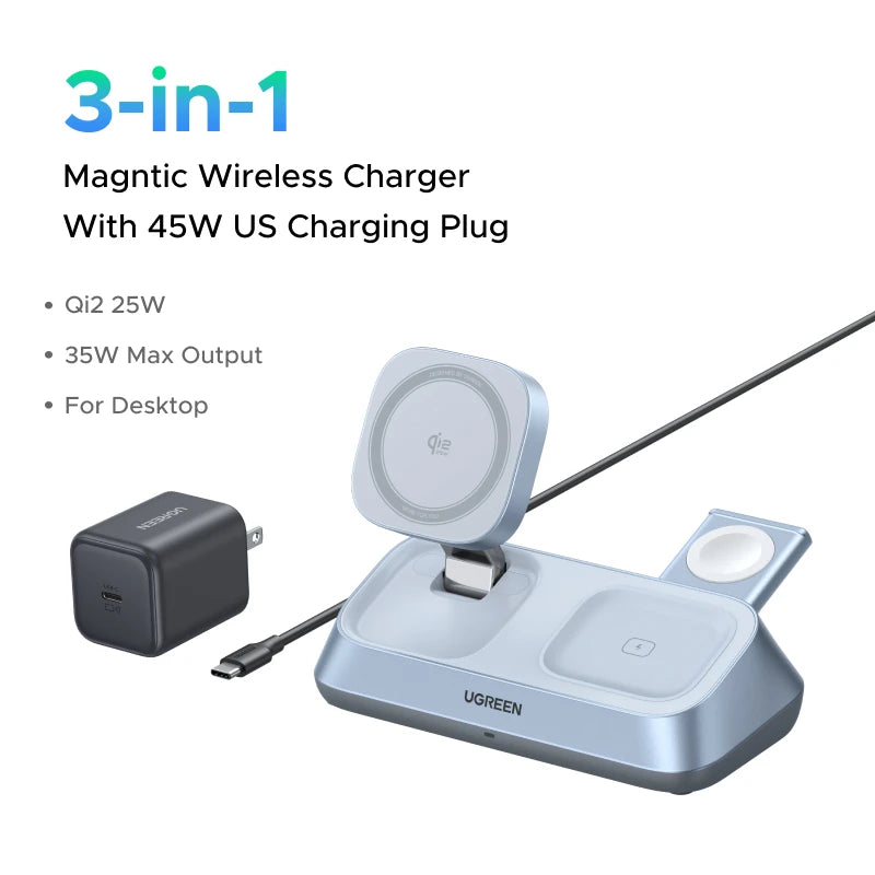 UGREEN Qi2 25W MAX Magnetic Wireless Charger Stand 3- in-1 Charging For iPhone 17 Pro Max/AirPods 4 For MagSafe Fast Charger