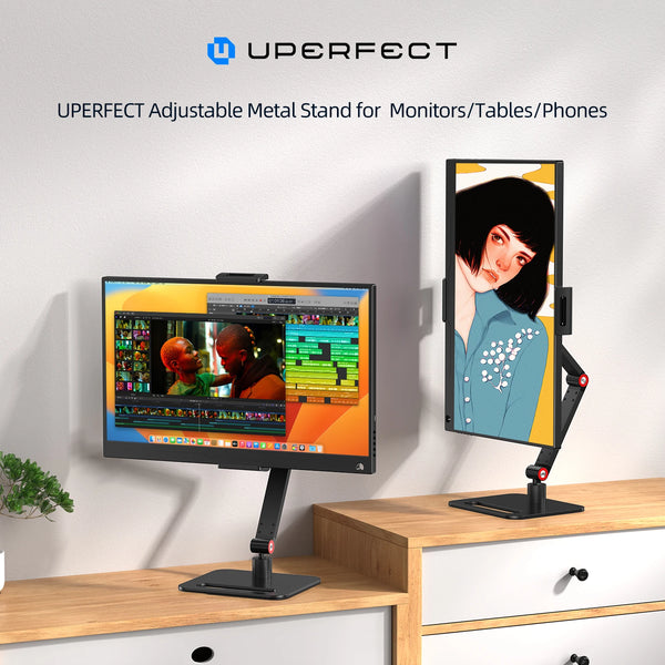 ឈុតស្ព្រីងដែក UPERFECT Ustand D9 អាចបត់បែនបានសម្រាប់តង្កៀបម៉ូនីទ័រចល័តទំហំ 13.3-17.3 អ៊ីញ ដែលអាចលៃតម្រូវបាន 360° អេក្រង់បញ្ឈរខាងក្រៅ