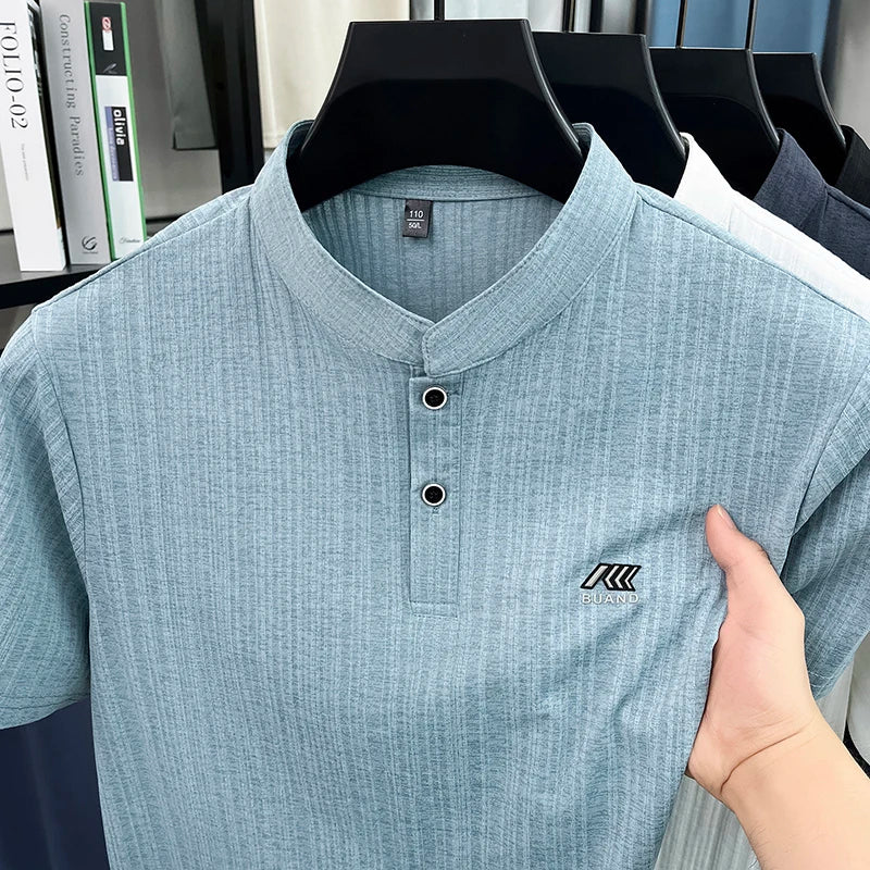 Luxury Quality Men Short-Sleeved T-Shirt Mock Neck Button Letter Print Summer Top-Selling T-Shirt Sleeves Leisure Men's Clothing