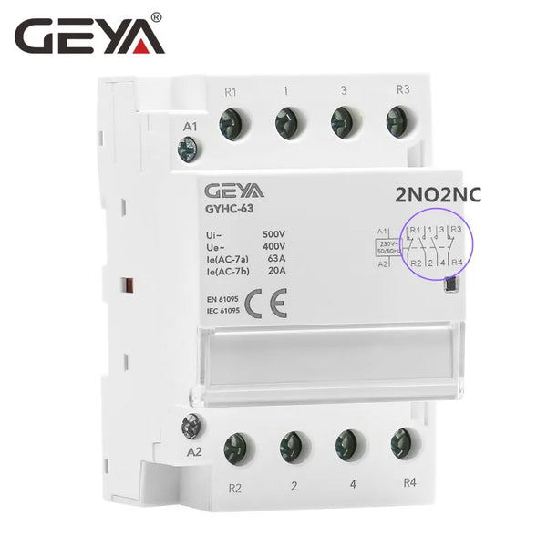 កុងតាក់ GEYA ម៉ូឌុល AC កុងតាក់ 2P 4P 25A 63A 2NO ឬ 4NO ឬ 2NC2NO 220V/230V 50/60HZ កុងតាក់រថភ្លើង Din ប្រភេទស្វ័យប្រវត្តិសម្រាប់ប្រើប្រាស់ក្នុងផ្ទះ