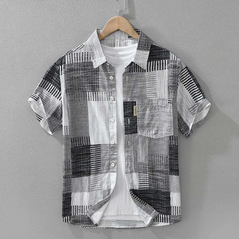 Summer New Casual Patchwork Pure Cotton Short Sleeve Shirt for Men Clothing Slim Turn-down Collar Shirts CM8166