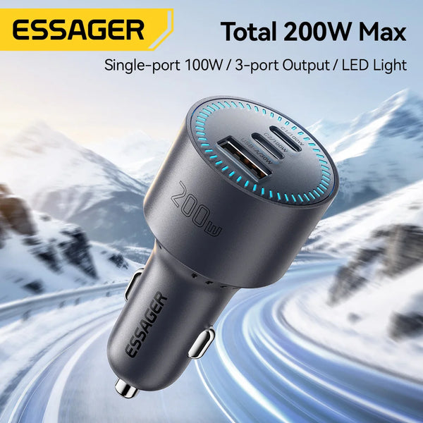 ឆ្នាំងសាករថយន្ត Essager 200W Quick Charge 4.0 PPS PD 100W សាកលឿន USB C ឆ្នាំងសាកទូរស័ព្ទក្នុងរថយន្តសម្រាប់ Macbook iPhone 17 16 Samsung S25