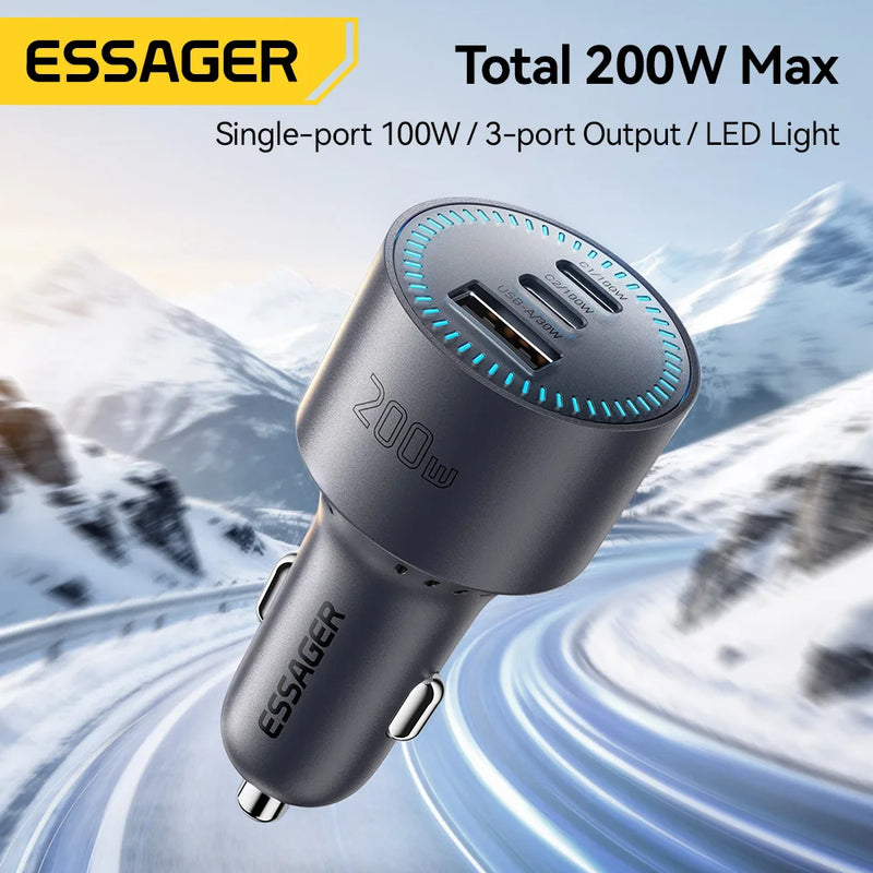 ឆ្នាំងសាករថយន្ត Essager 200W Quick Charge 4.0 PPS PD 100W សាកលឿន USB C ឆ្នាំងសាកទូរស័ព្ទក្នុងរថយន្តសម្រាប់ Macbook iPhone 17 16 Samsung S25
