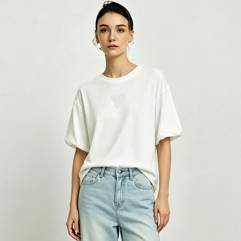 Amii Women's Short Sleeve Tee 2026 Summer New Heart Embroidered Round Neck Drop Shoulder T-shirt Loose Fit Casual Top 12622191