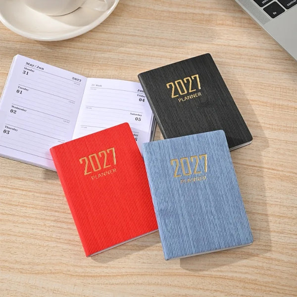 A7-sized 2027 English Planner,365-day Daily Planner Calendar, A7 Mini Portable Pocket Daily Planner, PU Leather Small Notebook