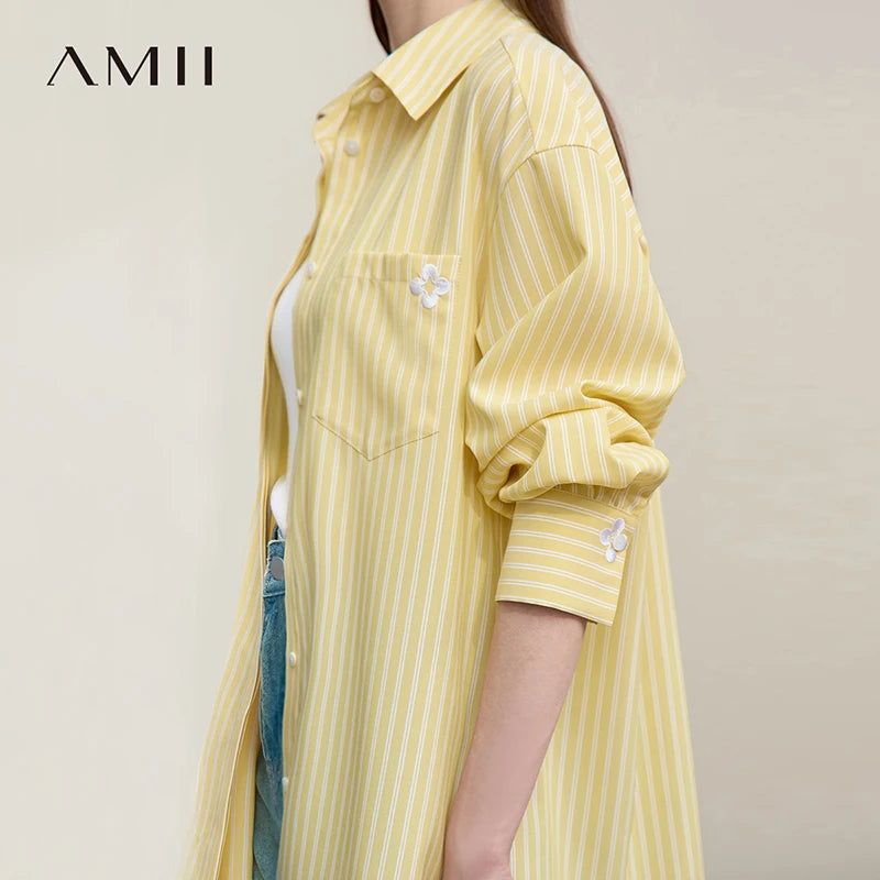 អាវ Amii សម្រាប់នារី រដូវស្លឹកឈើជ្រុះ ឆ្នាំ២០២៦ អាវដៃវែង ដៃអាវបែបឆ្នូត ប៉ាក់បែបរលុង សាមញ្ញ 12621072