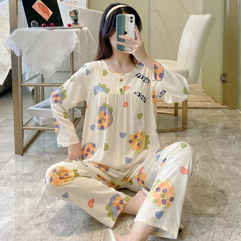 Cotton Rayon Pijamas Set For Women New Printed Spring Autumn Pajamas Female Loungewear Large Size Sleepwear пижама женская