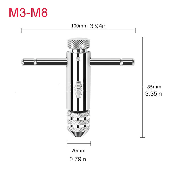 Adjustable T-Handle Ratchet Tap Holder Wrench, Machine Screw Thread Metric , Bothway Hand Screw Tap Set Manual Tapping Tool Kit M3-M8 Handle