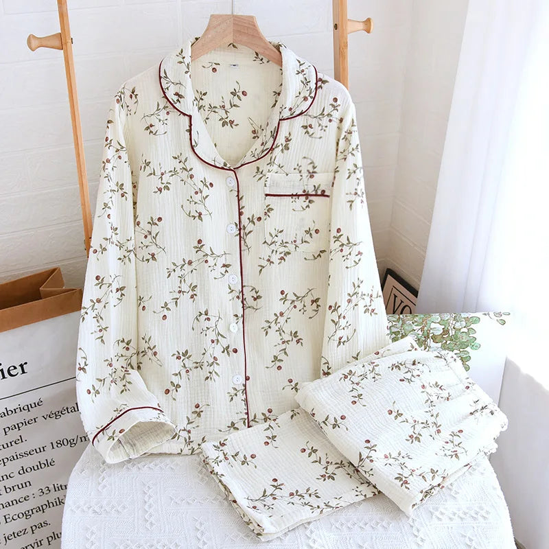 2026 Spring and Autumn Women's Pajama Set 100% Cotton Crepe Long sleeved Pants Two piece Cute and Sweet Ladies Home Fury Set