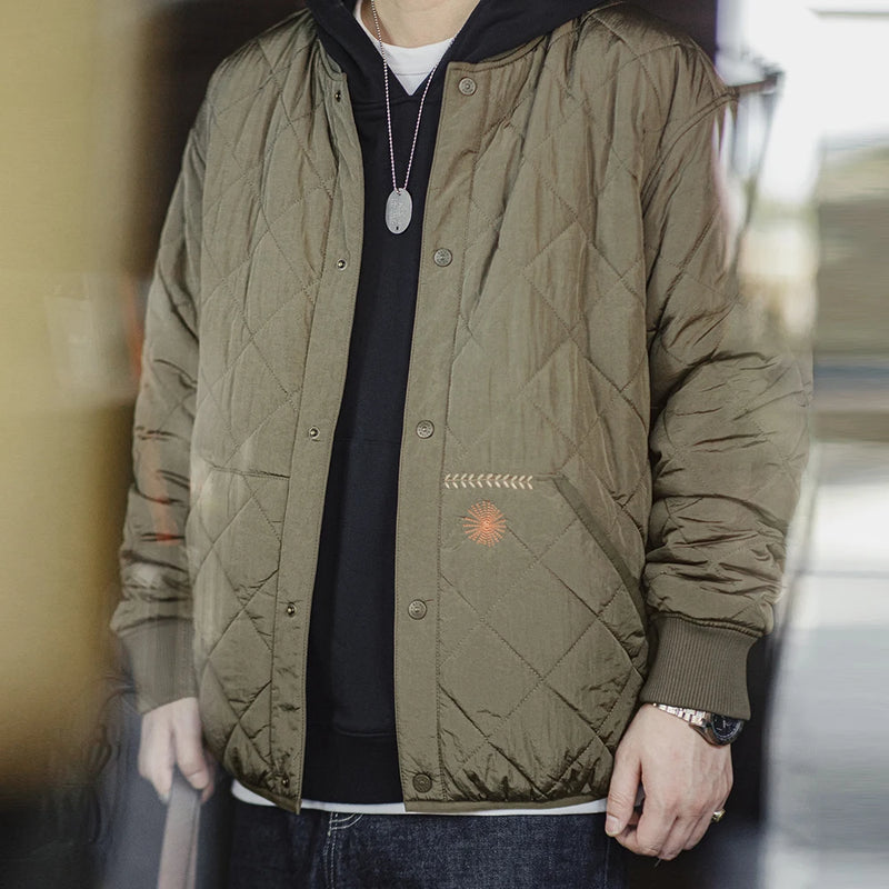 Maden Casual Quilted Baseball Jacket Thick Warm Padded Coat Green Vintage Outerwear for Men's Winter Versatile Coat with Pockets