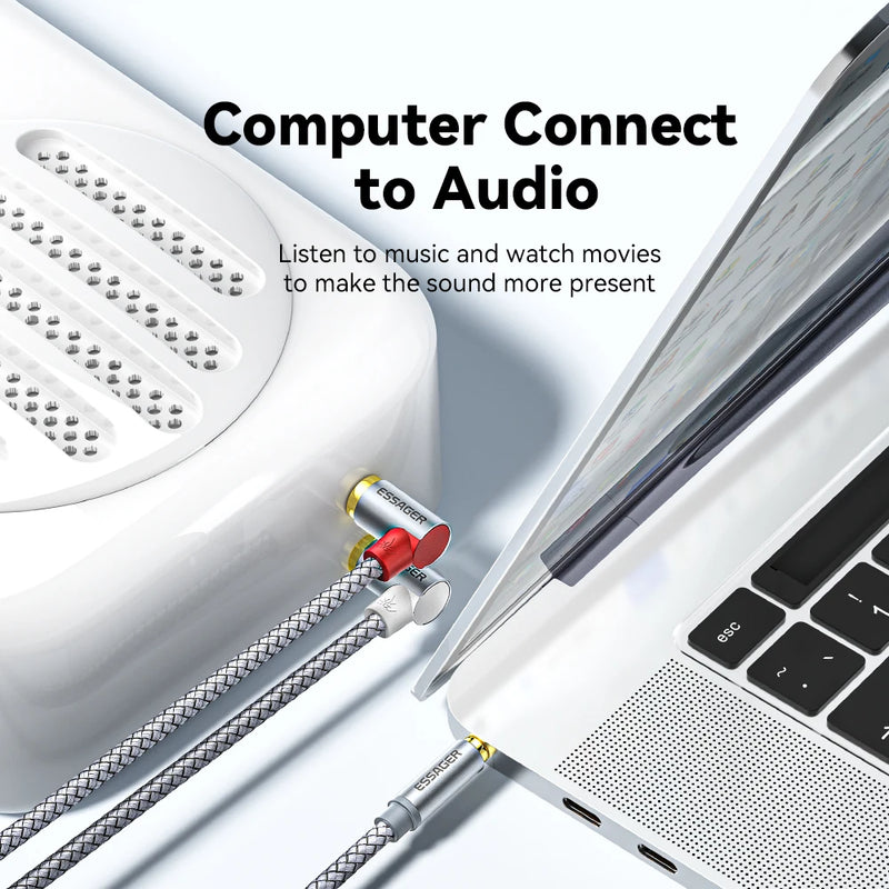 ខ្សែ Essager 90° RCA Jack 3.5 ទៅ RCA ខ្សែអូឌីយ៉ូ 3.5mm Jack ទៅ 2RCA Male Splitter Aux Cord សម្រាប់ទូរទស្សន៍កុំព្យូទ័រ ឧបករណ៍ពង្រីកសំឡេង ឌីវីឌី ខ្សែឧបករណ៍បំពងសម្លេង