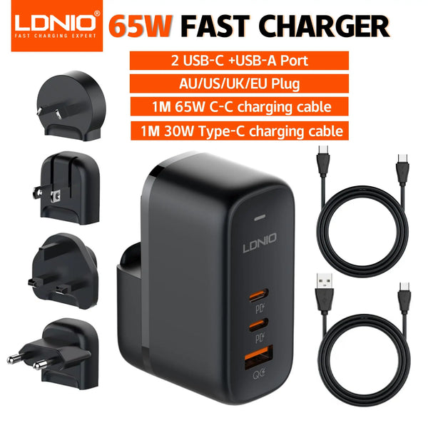 ឆ្នាំងសាក LDNIO 65W USB C ឆ្នាំងសាកសម្រាប់ធ្វើដំណើរ GaN ឆ្នាំងសាក 3 រន្ធ អាដាប់ទ័រដោតអន្តរជាតិ EU UK US AU ខ្សែភ្លើង អាដាប់ទ័រដោតធ្វើដំណើរ