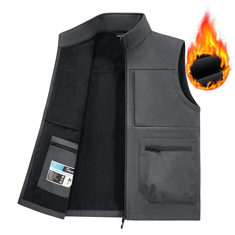 New Workwear Soft-Shell With Fleece Vest Multi-Pocket Outdoor Fishing Suit Vest Coat With Logo Printing Casual Men's Vest