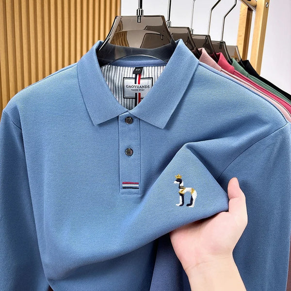 100% Cotton Man Long-Sleeved Polo Shirt Lapel Button Exquisite Pattern Embroidery Autumn New Polo Shirt Business Casual Menswear