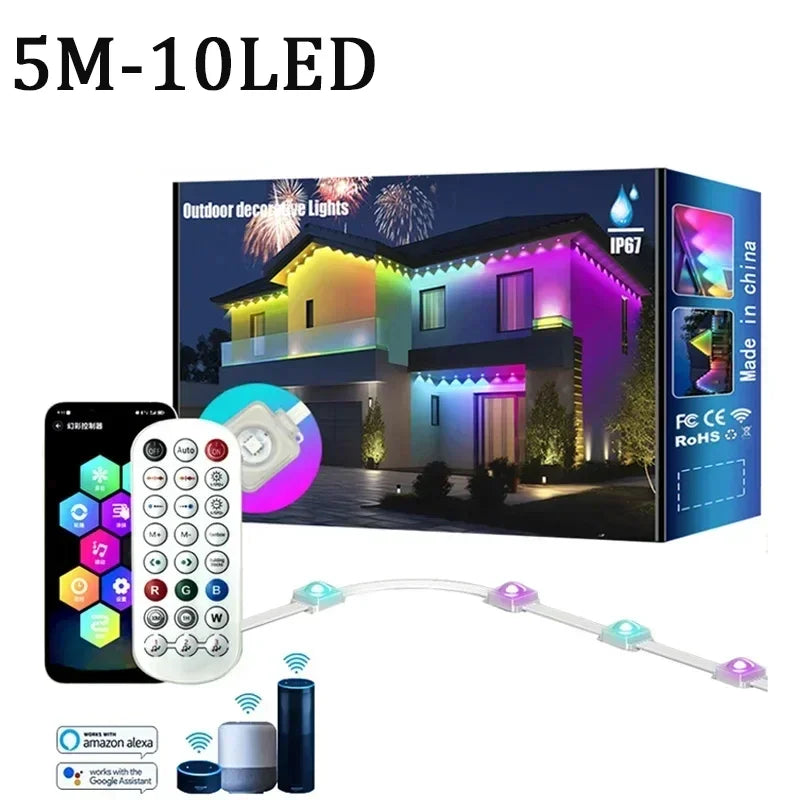 ភ្លើងខ្សែរ WIFI ឆ្លាតវៃ RGBIC ប៊្លូធូស ការគ្រប់គ្រងឧបករណ៍បំពងសម្លេង Google ភ្លើងតុបតែងខាងក្រៅ ភ្លើងការពារទឹក ធ្វើសមកាលកម្មតន្ត្រី ថ្ងៃឈប់សម្រាក