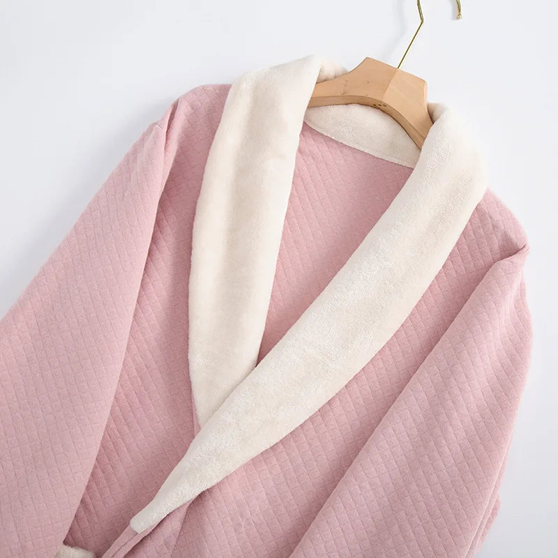 Fdfklak Loose Nightwear Robe Women Winter Three-Layer Quilted Bathrobe Pure Cotton Thicken Warm Night Gown Student Long Robes