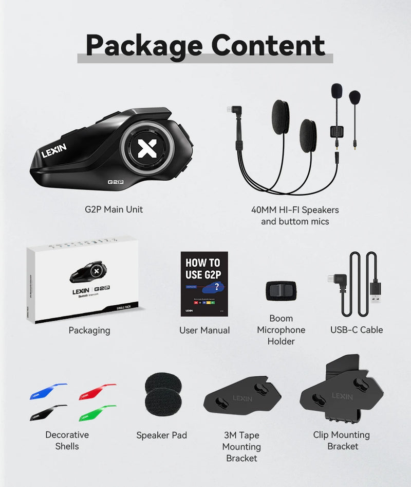 Lexin G2P Motorcycle Blutooth Intercom Helmet Bluetooth Headsets,Handsfree Communicator Up to 6 Riders Interphone with FM Radio