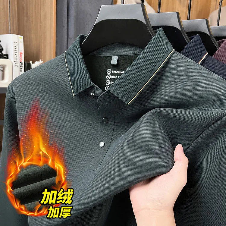 Men's Fleece-Lined Waffle Knit Polo, Vertical Stripe Collar Seamless Design, Anti-Wrinkle Technology