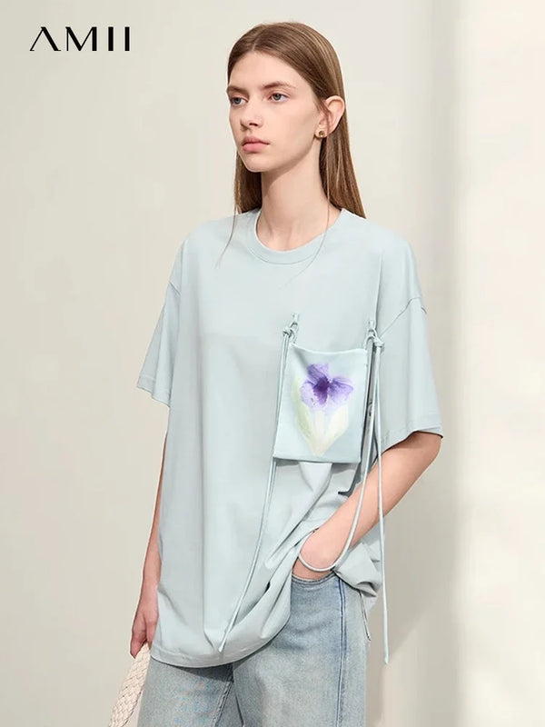 Amii Minimalism T-shirt Women's 2026 Summer Knit Casual Print Pockets Short-sleeve Cotton Loose Tee Elastic O-Neck Tops 12442008