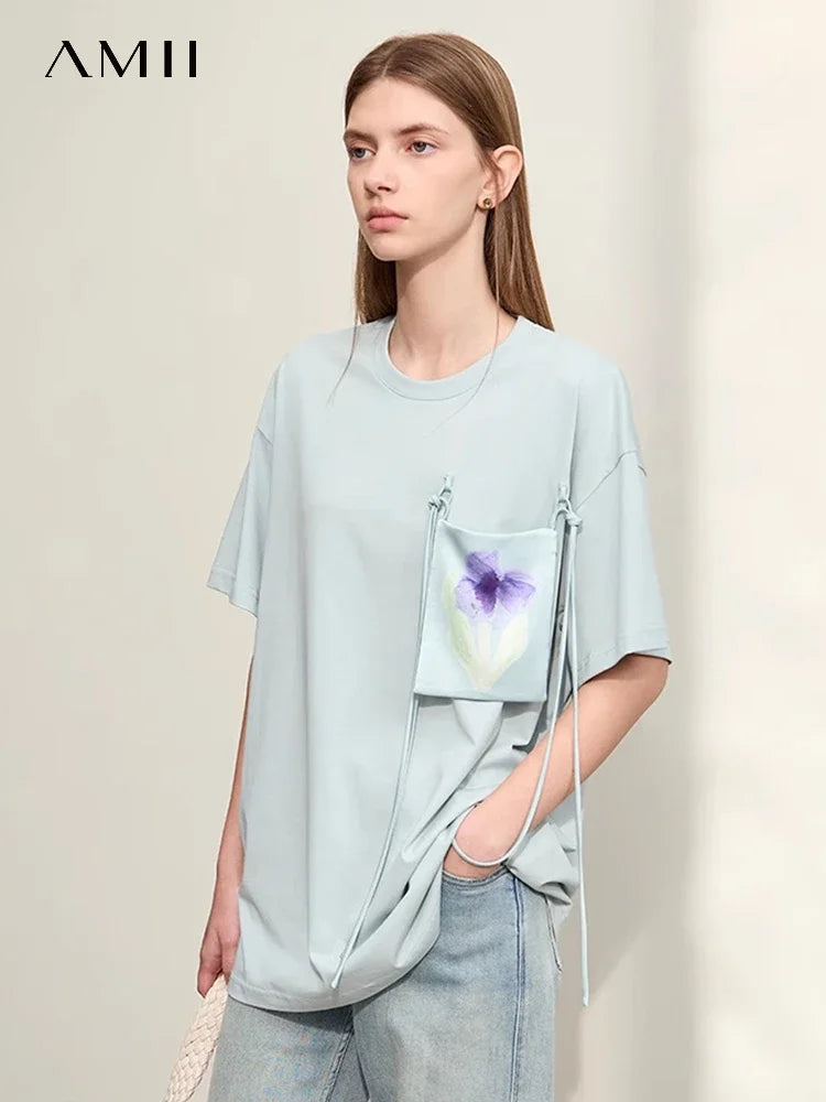 Amii Minimalism T-shirt Women's 2026 Summer Knit Casual Print Pockets Short-sleeve Cotton Loose Tee Elastic O-Neck Tops 12442008