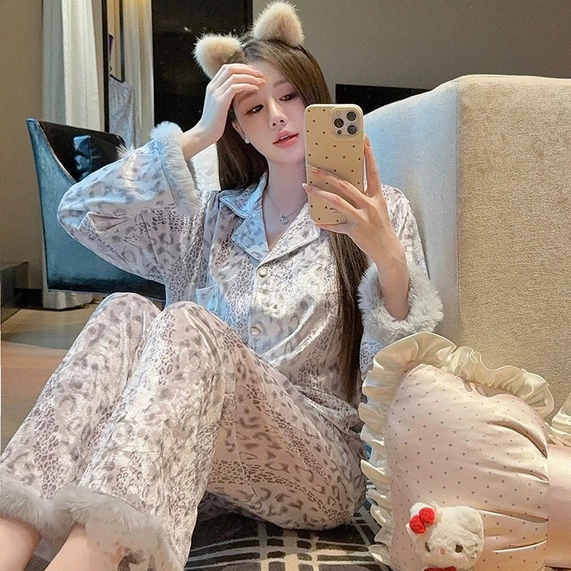High Quality Gold Velvet Pajamas Women's Sleepwear Set 2026 Spring Autumn New Korean Plus Size Home Clothes Fleece Pijama Mujer