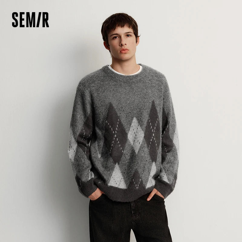 Semir Knitted Sweater Men Winter Faux Mohair Plaid Jacquard 2025 New Retro Preppy Style Couple Outfit Men'S Wear