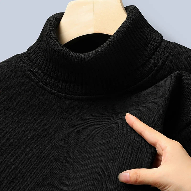 Stretch Knitted Turtleneck Top For Males Full Fleece Lining Thermal Warm Pullover Long Sleeve Casual Street Outfit