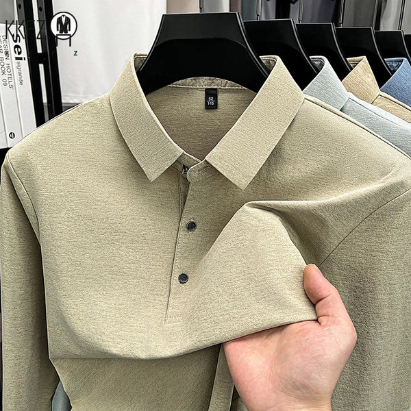 Mens Lapel Collar Long Sleeve Polo Top Heathered Texture Wrinkle Resistant Fabric Casual Office Matching Garment
