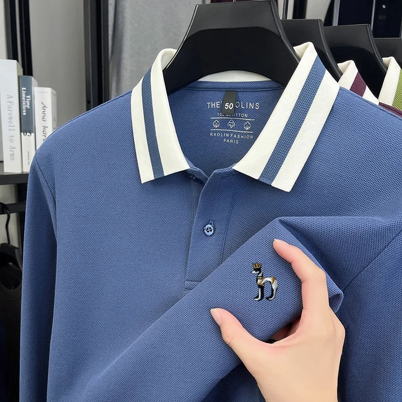 100%cotton Luxury Man Long-Sleeved Polo Shirt Button Lapel Dog Embroidery British Style Spring New Long Sleeves Leisure MensWear