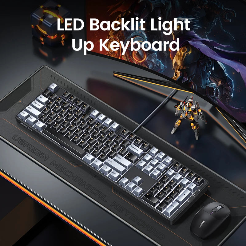 SUPER DEALS for KR UGREEN Wired Mechanical Keyboard 108 Keys Red Switch Black & Gold Korean/Russian Layout for Gaming Office
