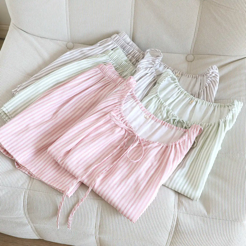 Thin Summer Pajamas Woman Sleepwear Shorts 2 Piece Set Striped Sleeveless Pyjama Gauze Cotton Women's Sleeping Clothes Pijama