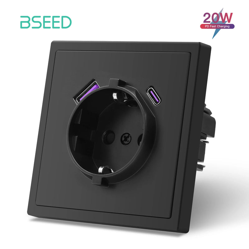 BSEED EU Standard Single Wall Socket 20W Fast Charge USB Type-C Charge Port Double Wall Power Outlets Plastic Frame 16A